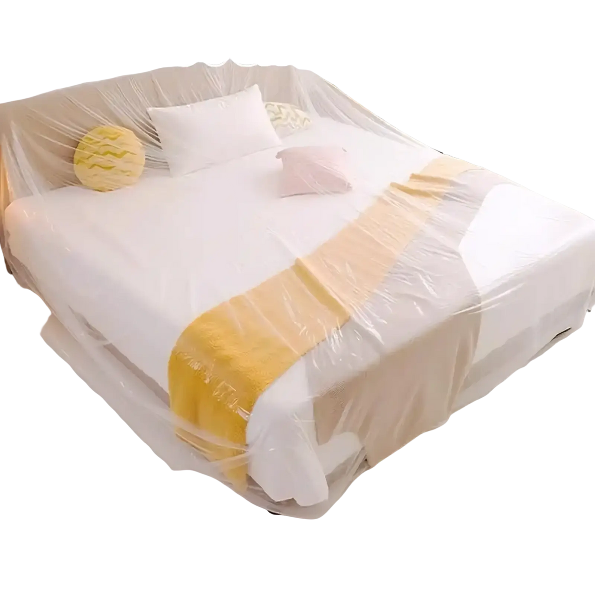 Disposable waterproof mattress protector made of clear plastic with a yellow and beige striped pattern