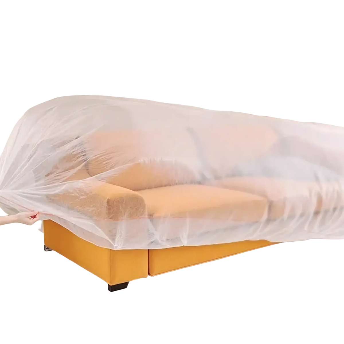 Clear plastic disposable waterproof mattress protector showing transparent sofa cover material on a white background