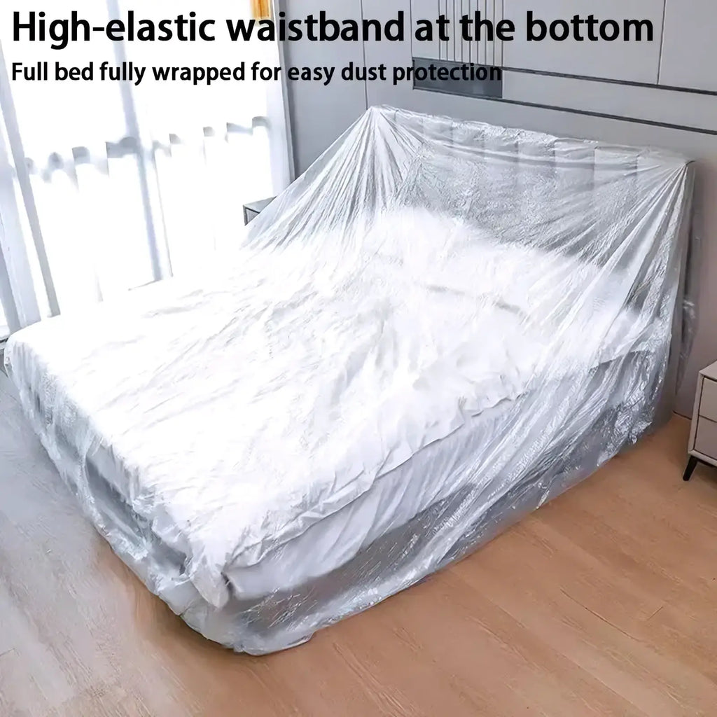 Disposable waterproof mattress protector made of transparent plastic with a high-elastic waistband for dust protection