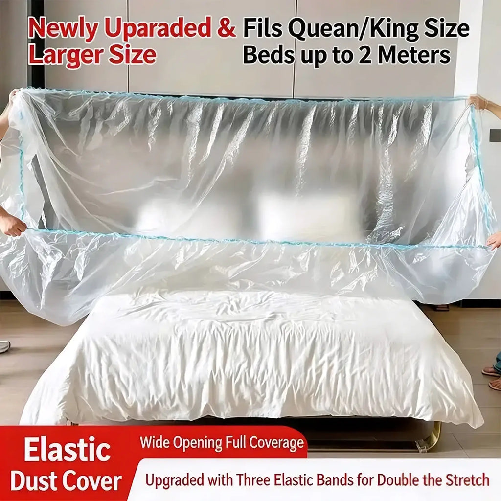 Disposable waterproof mattress protector made of transparent plastic with light blue elastic trim for queen or king beds
