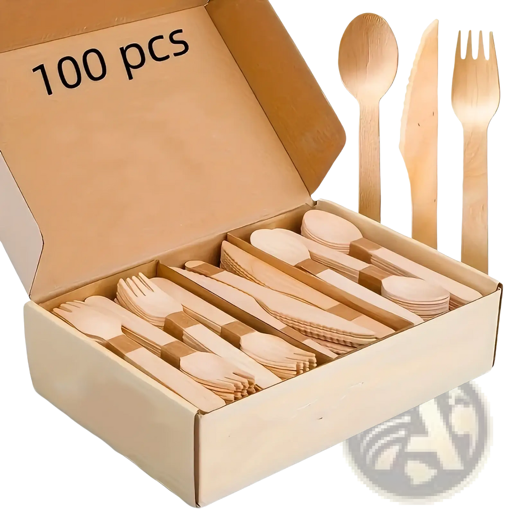 A set of 100 eco friendly disposable wooden cutlery pieces including spoons forks and knives neatly arranged in a box