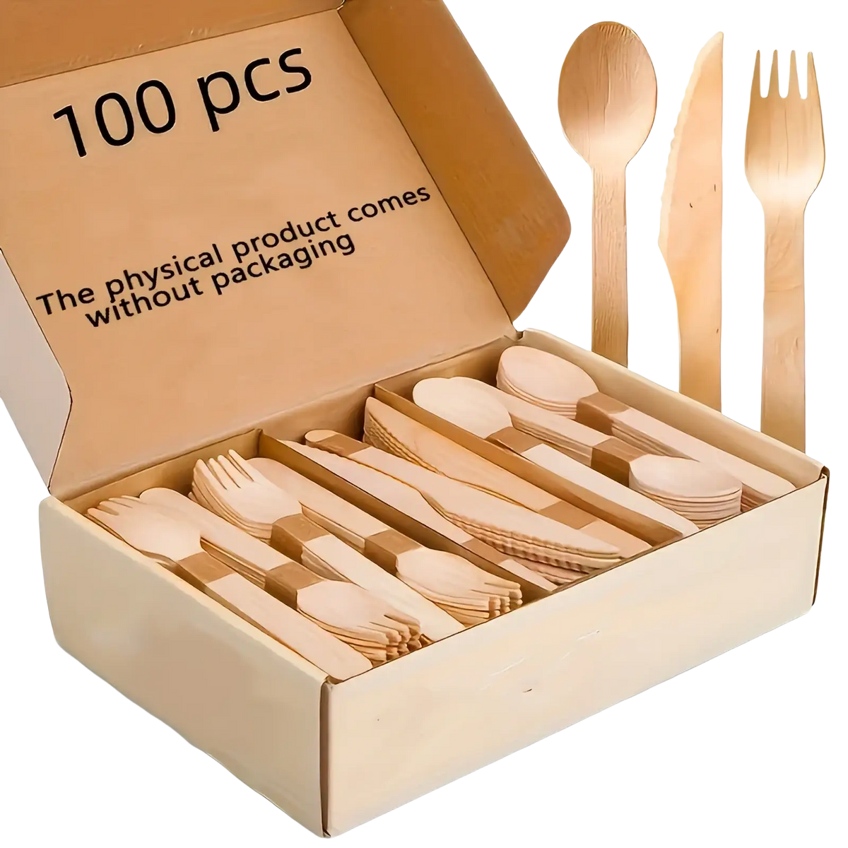 A set of 100 eco friendly disposable wooden cutlery utensils in natural wood grain finish in a cardboard box