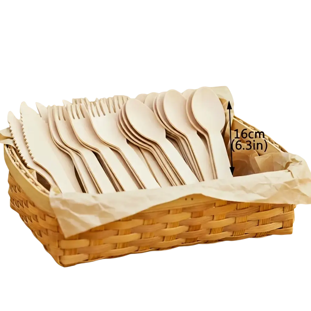 A disposable wooden cutlery set with 100 beige forks 50 wooden spoons and 50 knives in a wicker basket lined with parchment