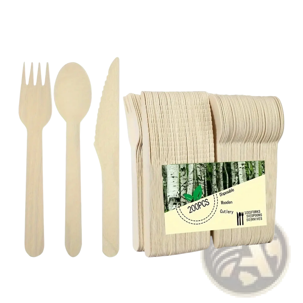 A set of 200 eco friendly disposable wooden cutlery pieces including forks spoons and knives neatly packaged