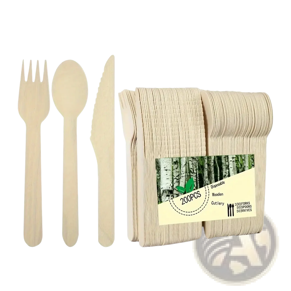 A set of 200 eco friendly disposable wooden cutlery pieces including forks spoons and knives neatly packaged