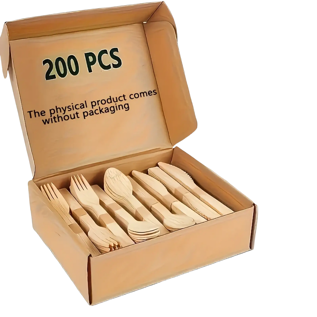 A set of 200 biodegradable wooden disposable cutlery neatly arranged in a cardboard box eco friendly utensils