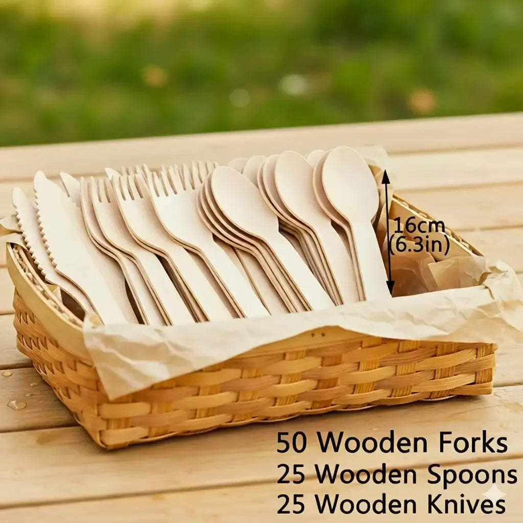 Set of 50 eco friendly disposable wooden forks spoons and knives in a woven basket for sustainable use