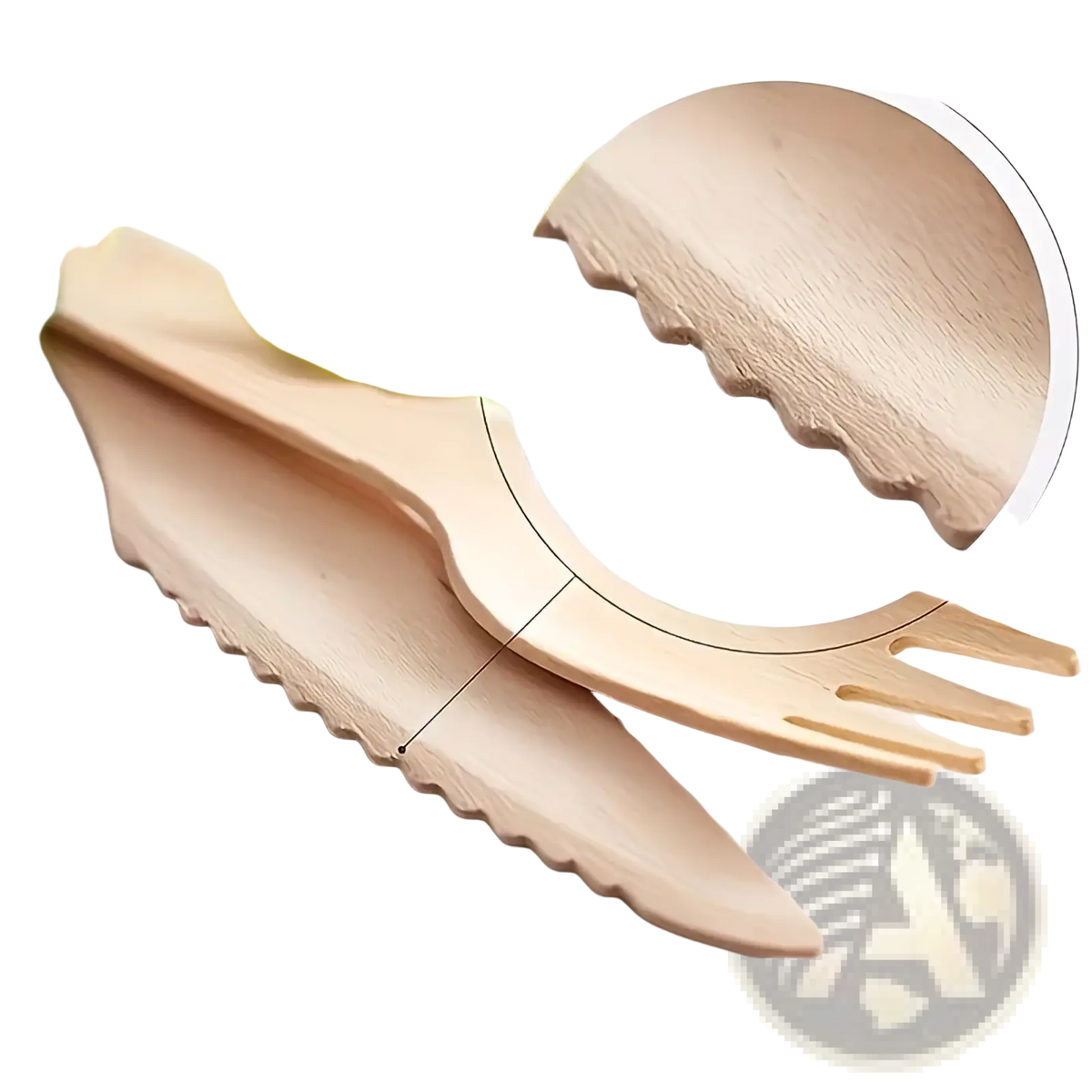 Light-colored disposable wooden knife and fork set with scalloped edges eco friendly utensils for single use