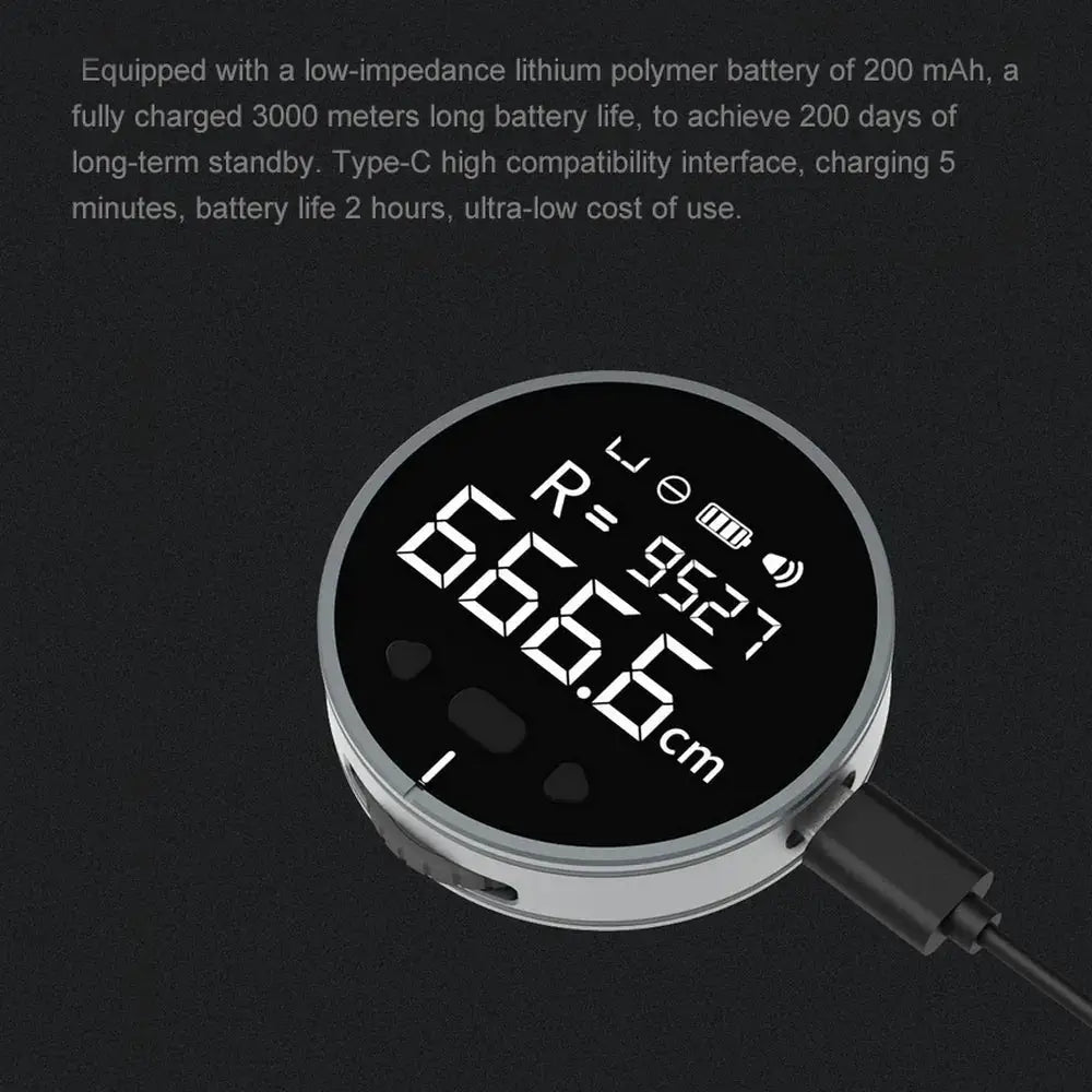 Arbaglobal digital lcd electronic distance measuring ruler with circular black display and silver metallic casing showing centimeters