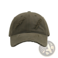 Olive green distressed cotton baseball cap for men with frayed patches on the front panels