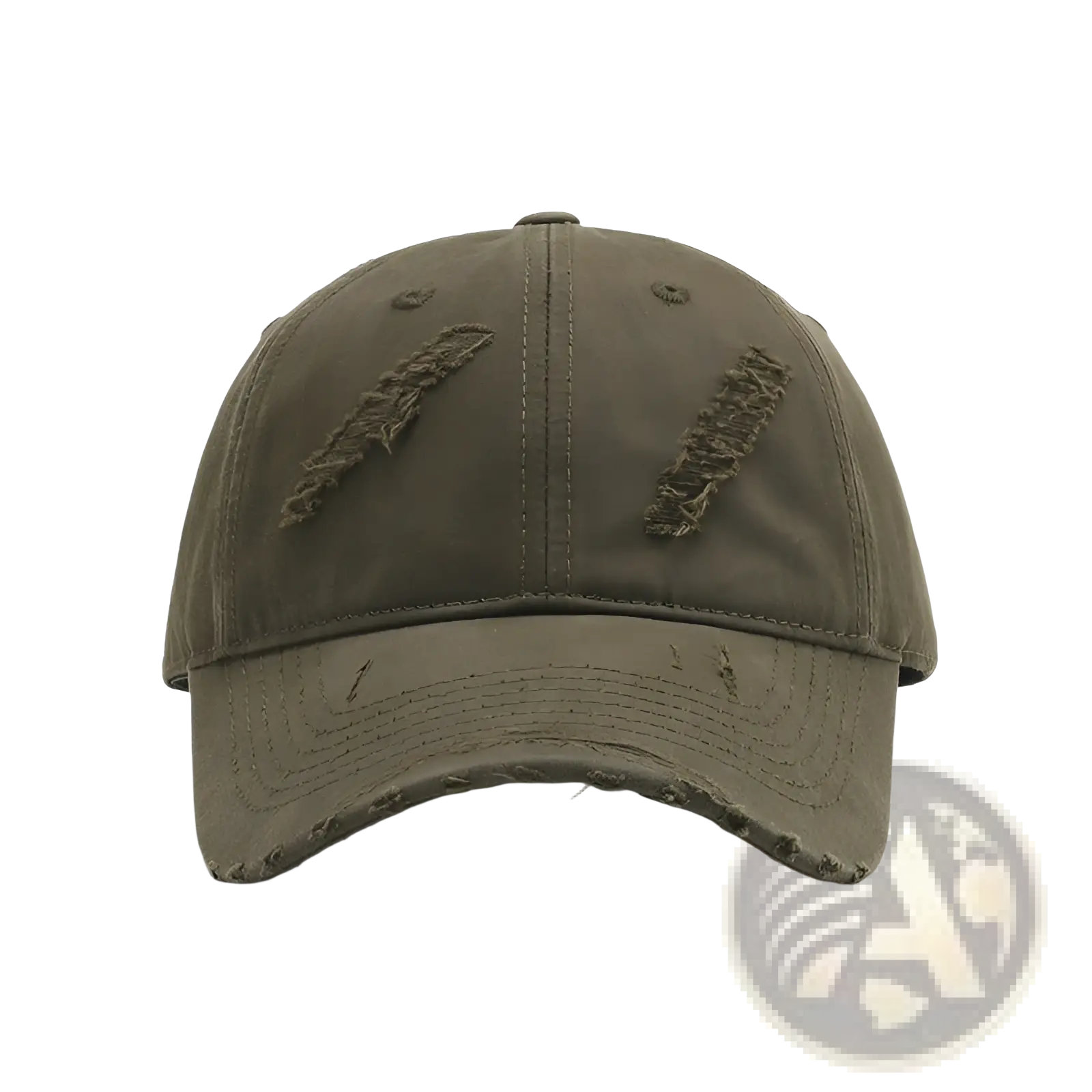 Olive green distressed cotton baseball cap for men with frayed patches on the front panels