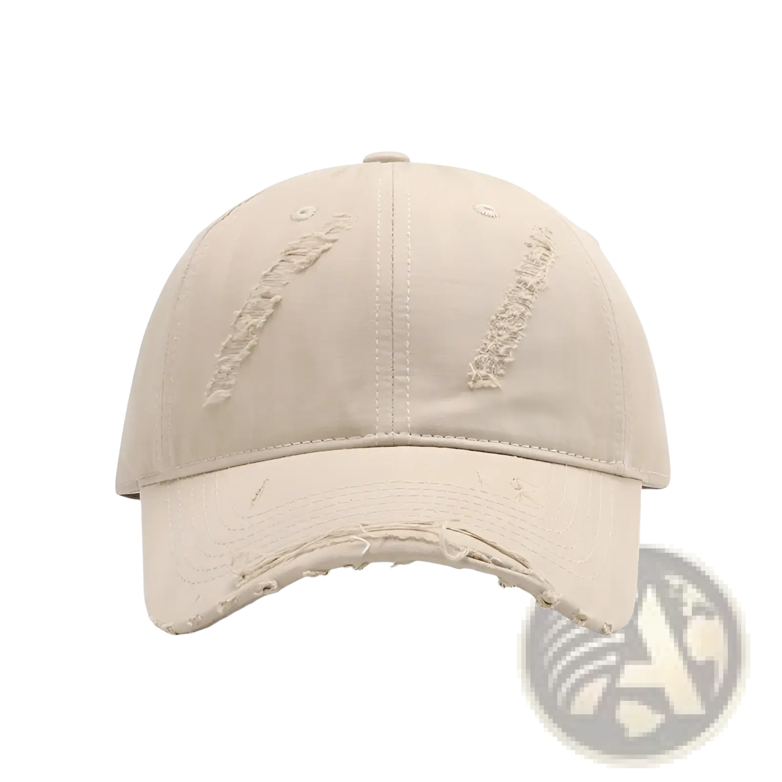 Beige distressed baseball cap men with frayed edges and subtle embroidered details made of ripped cotton material