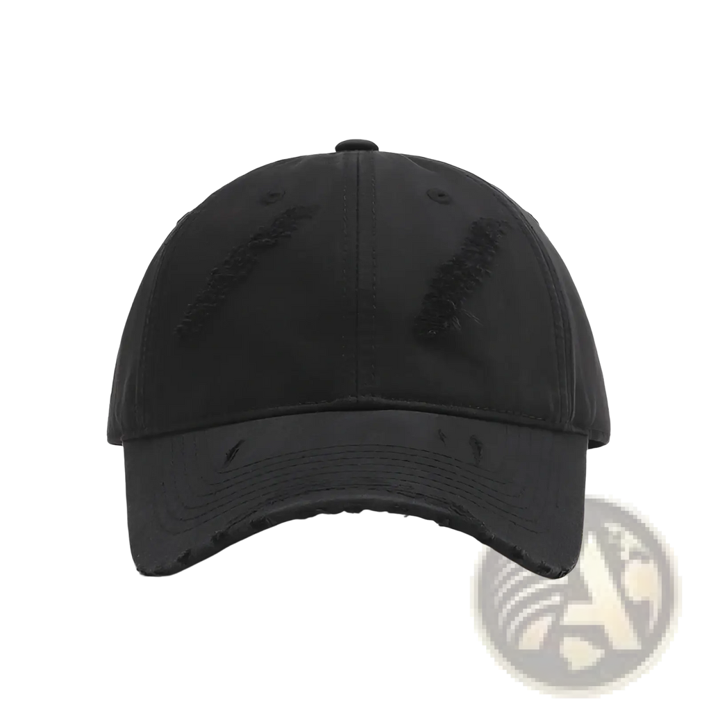 Black distressed denim baseball cap with frayed brim and ripped cotton fabric for men