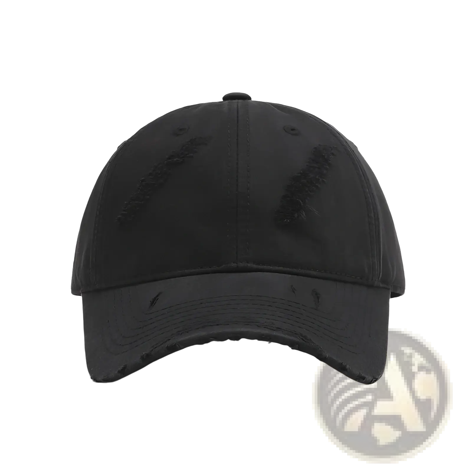 Black distressed denim baseball cap with frayed brim and ripped cotton fabric for men