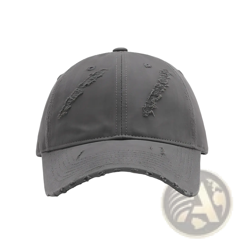 A distressed gray cotton baseball cap for men with frayed and ripped details on panels and brim