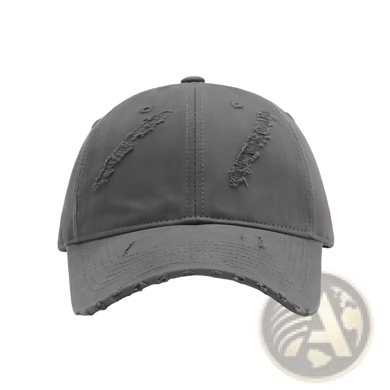 A distressed gray cotton baseball cap for men with frayed and ripped details on panels and brim