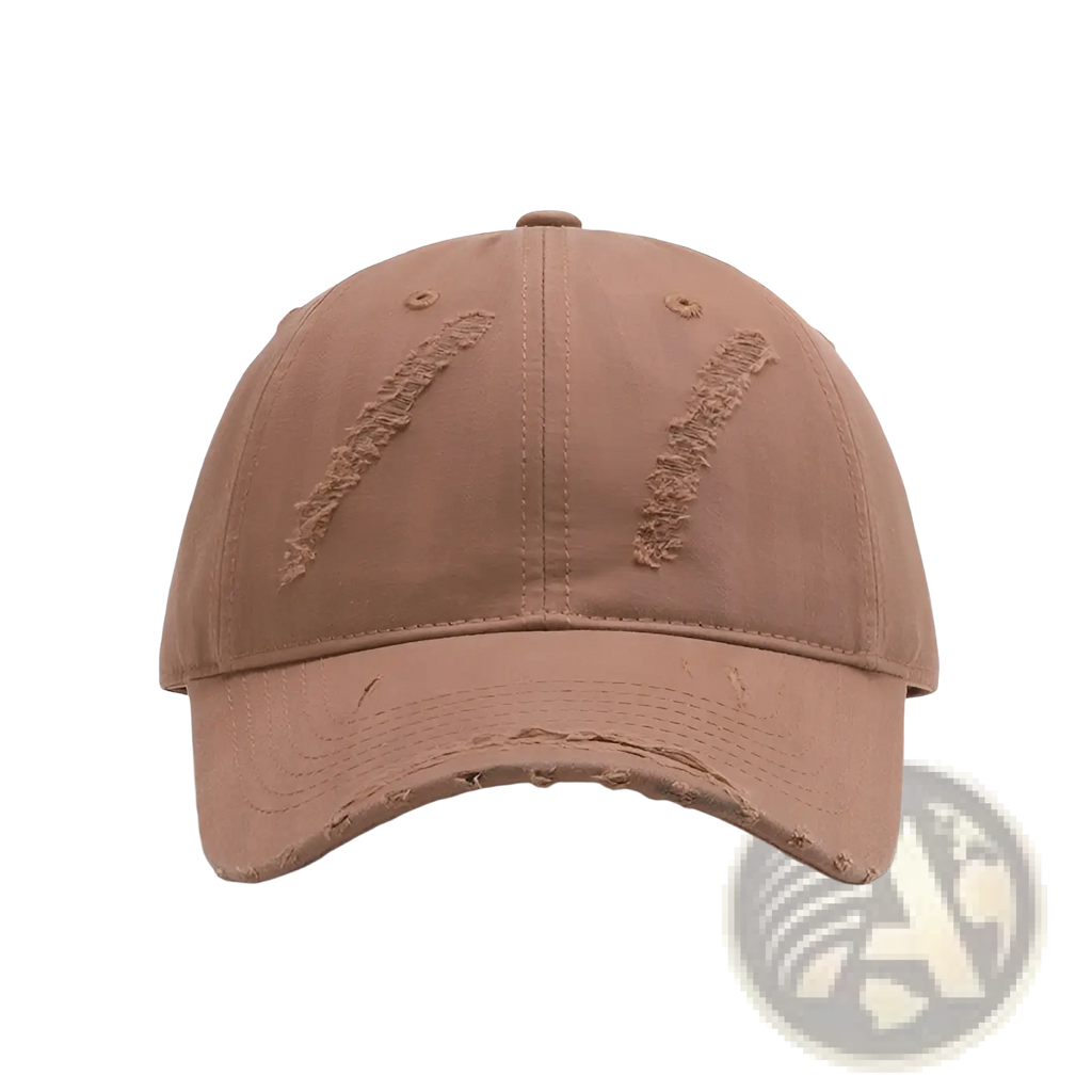 Tan distressed cotton baseball cap with frayed edges and intentional tear details for men casual wear