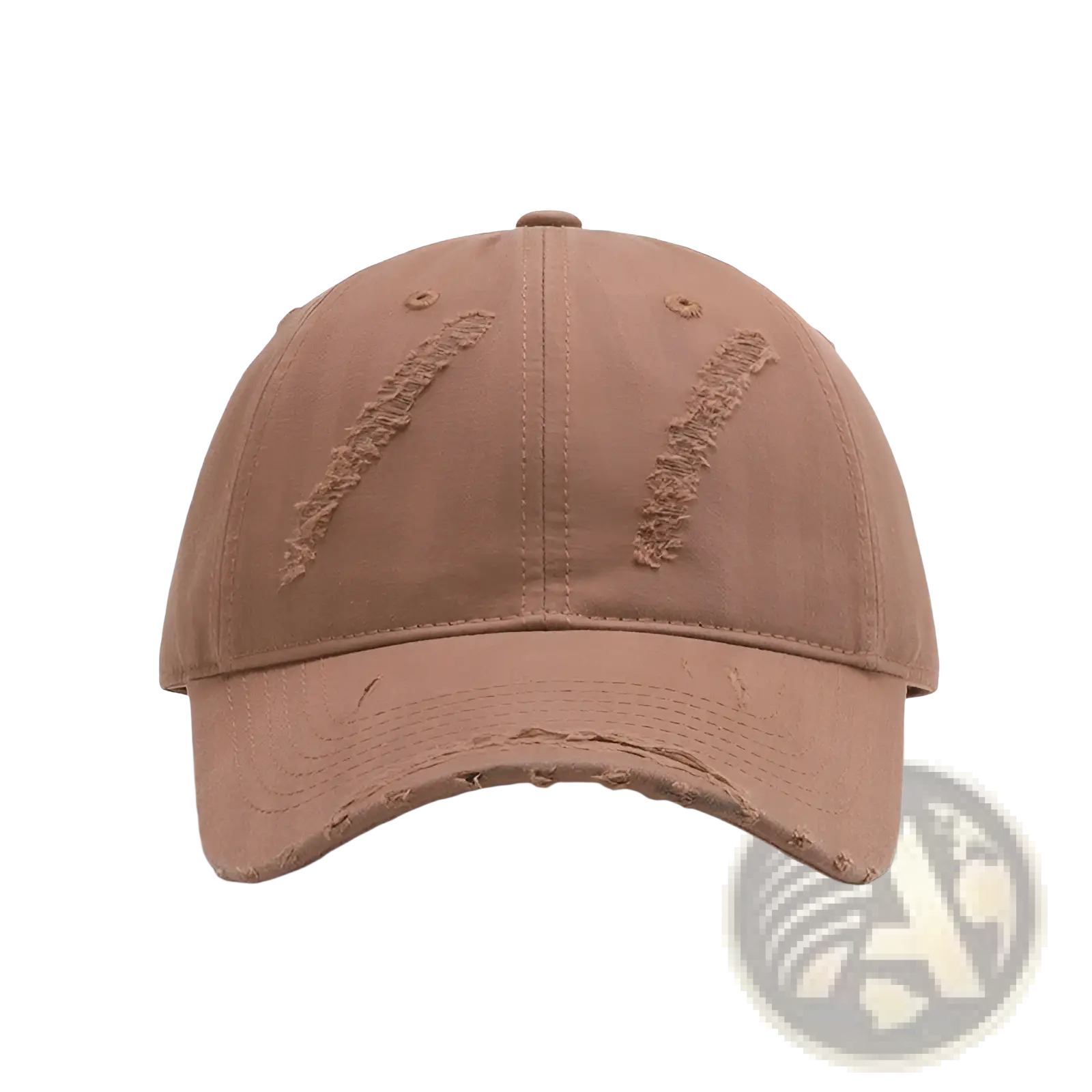 Tan distressed cotton baseball cap with frayed edges and intentional tear details for men casual wear