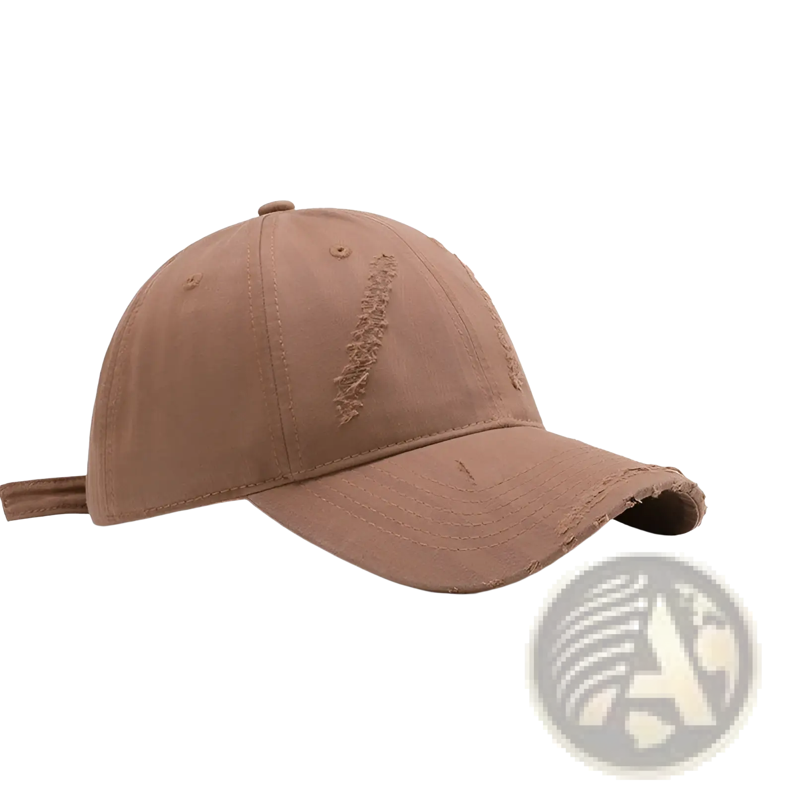 Tan distressed cotton baseball cap for men with frayed edges and a curved brim in a ripped design