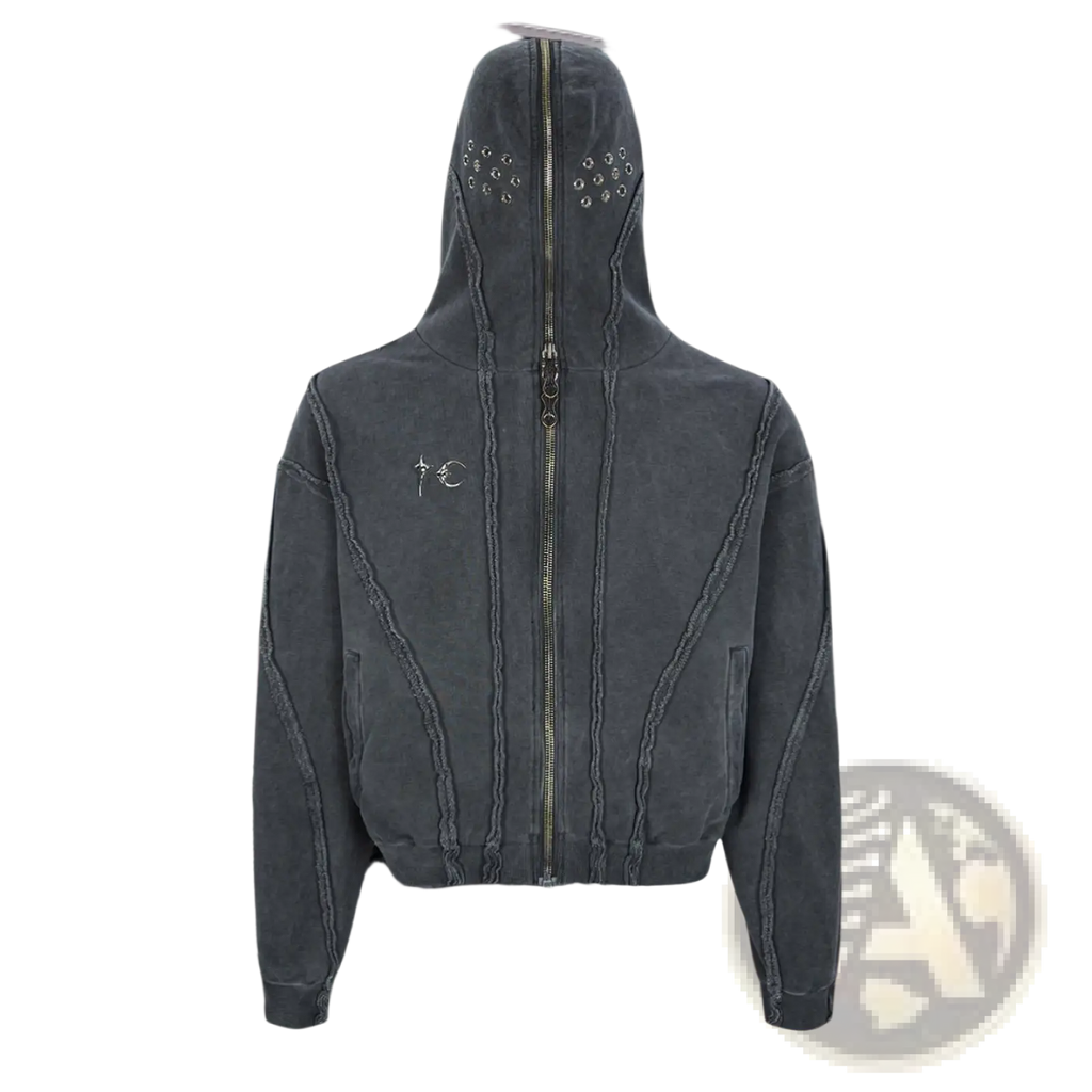 Dark gray distressed batik zip-up hooded cardigan sweater with textured fabric and decorative seam stitching