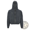 Dark gray distressed batik zip-up hooded cardigan sweater with textured fabric and decorative seam stitching