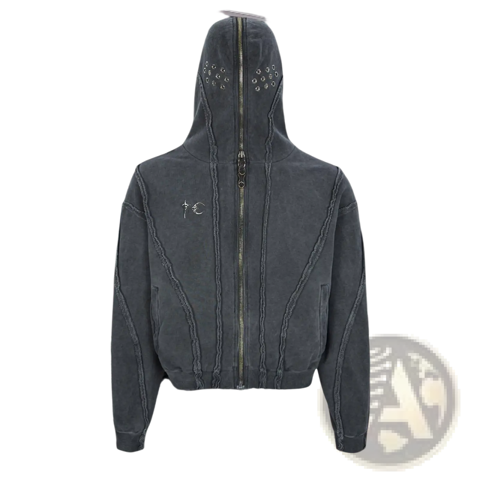 Dark gray distressed batik zip-up hooded cardigan sweater with textured fabric and decorative seam stitching