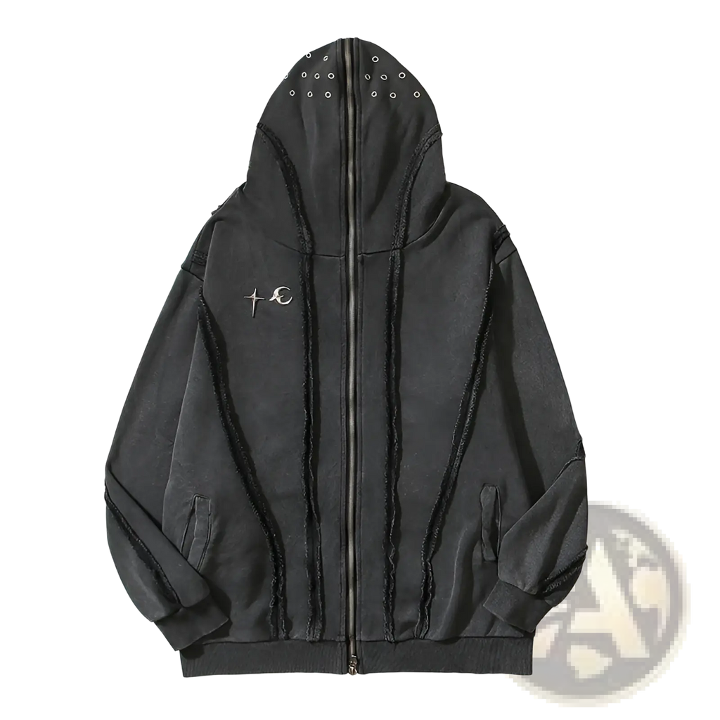 Black distressed batik zipper hooded cardigan sweater with frayed seams silver eyelets and embroidered cross crescent logo