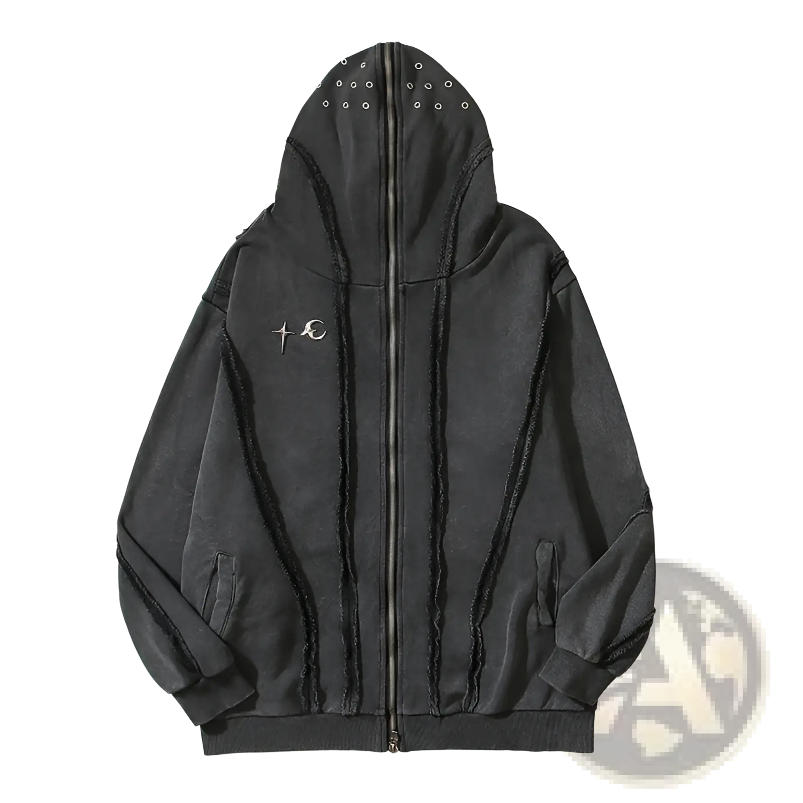 Black distressed batik zipper hooded cardigan sweater with frayed seams silver eyelets and embroidered cross crescent logo