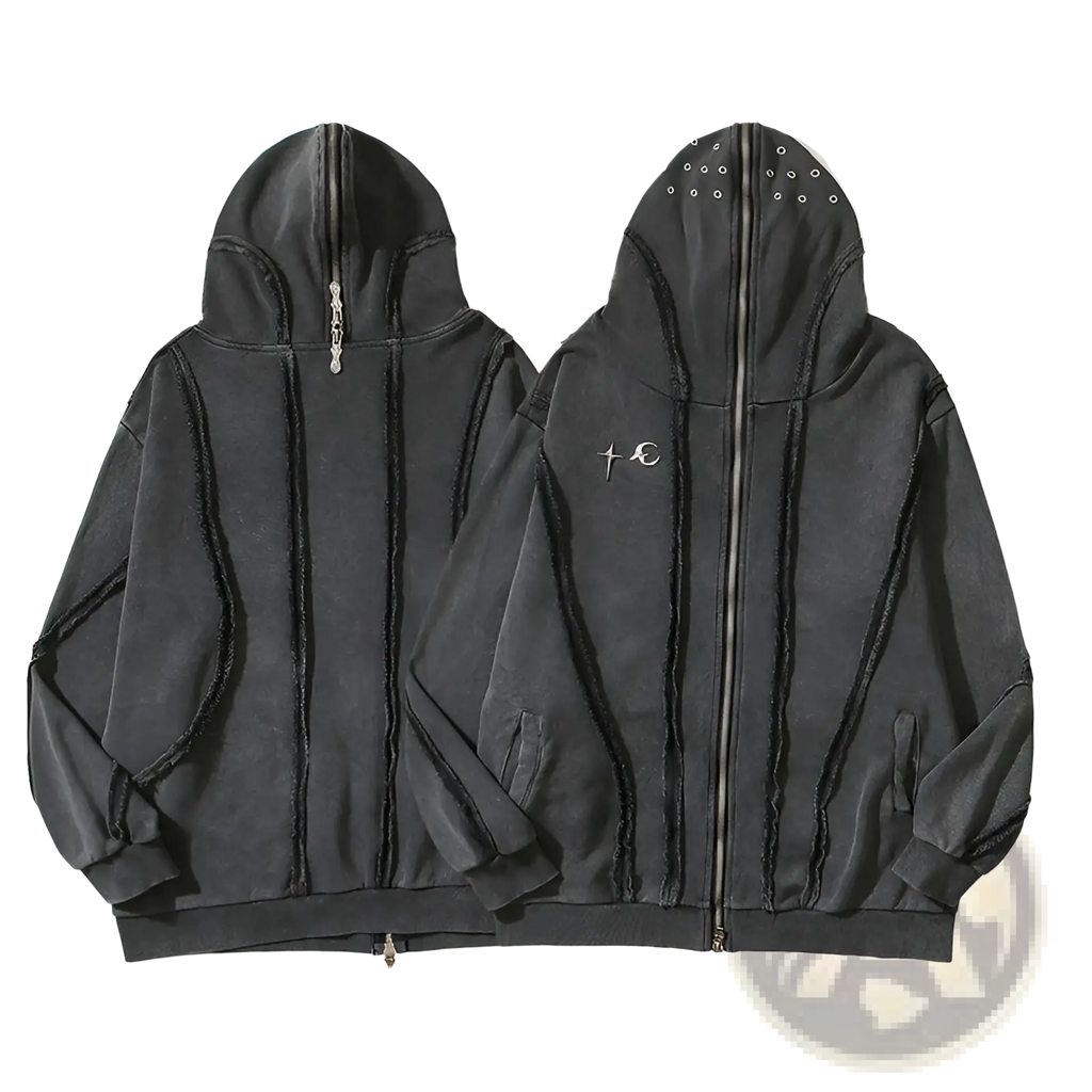Black distressed batik hooded cardigan sweater with frayed seams silver zipper and cross circle embroidery on left chest