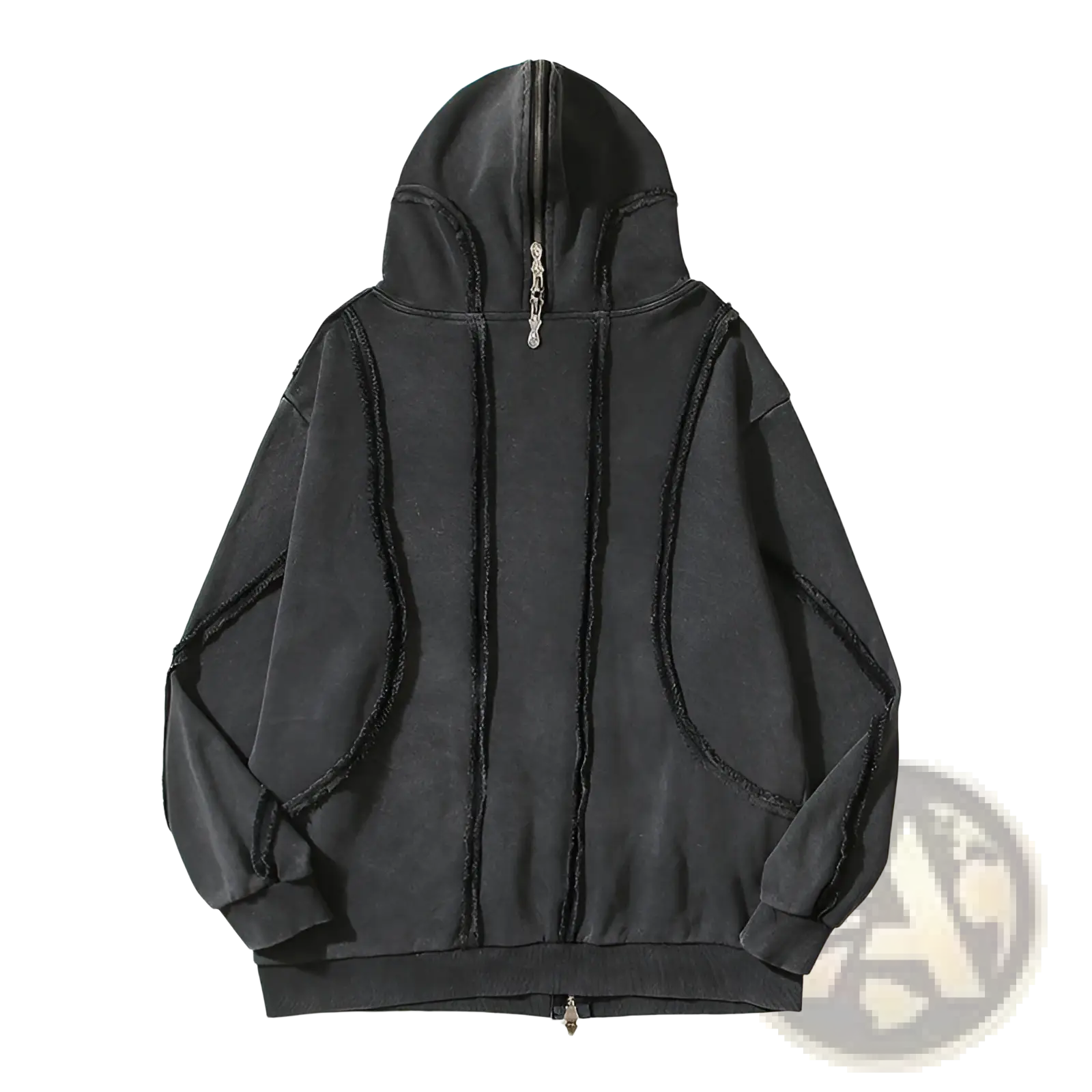 Black distressed batik zip-up hoodie with frayed seams and silver zipper in a casual hooded cardigan style