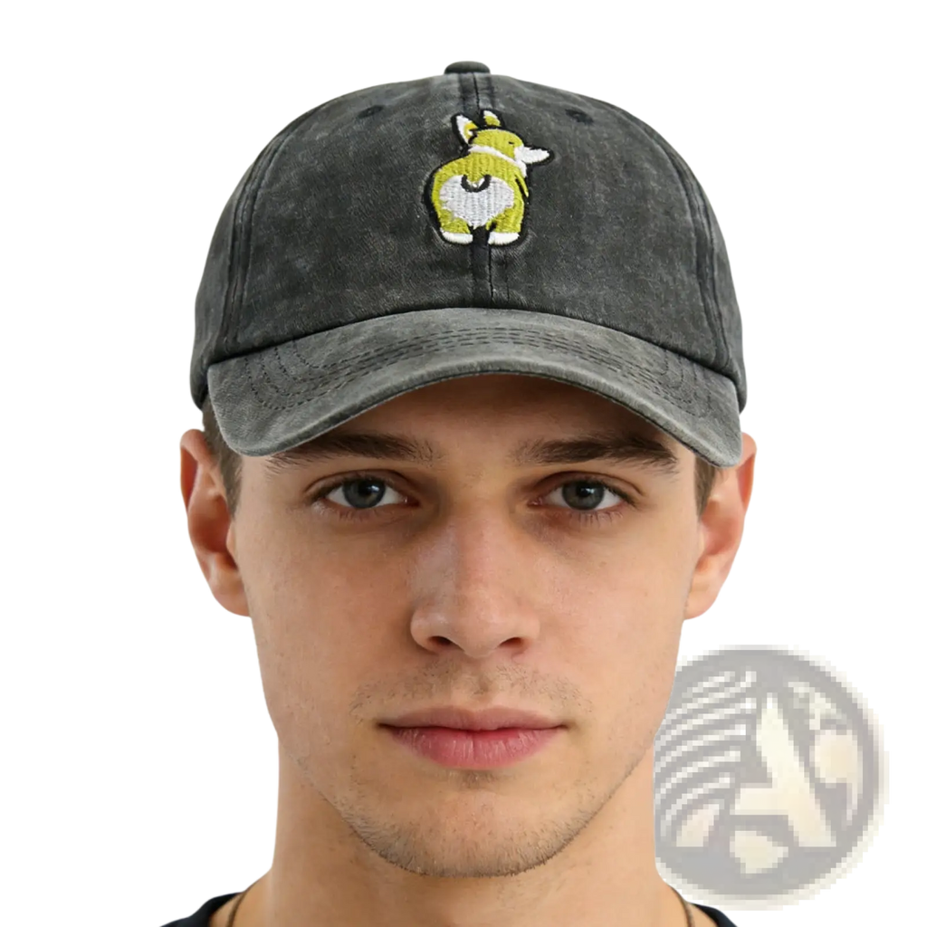 Distressed corgi denim baseball cap in dark gray cotton featuring a bright yellow embroidered corgi with white accents