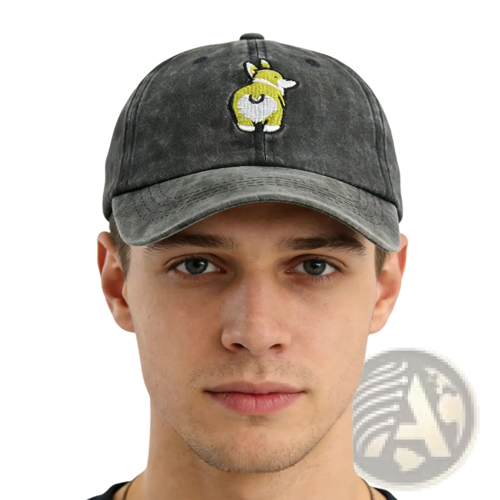 Distressed corgi denim baseball cap in dark gray cotton featuring a bright yellow embroidered corgi with white accents