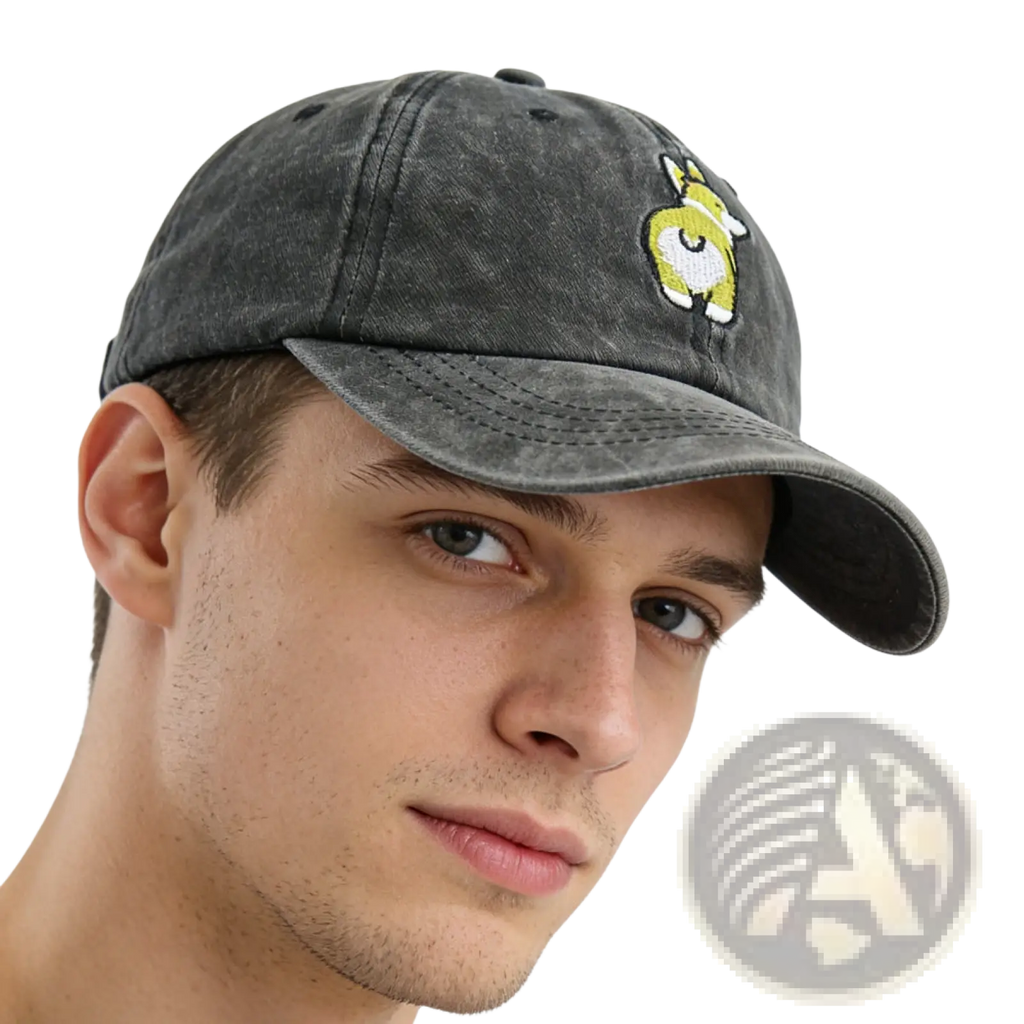 Dark gray distressed denim baseball cap with embroidered yellow and white cartoon corgi patch on front