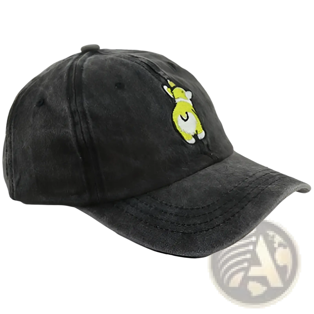Distressed corgi denim baseball cap in dark gray cotton with a bright yellow embroidered cartoon character on front