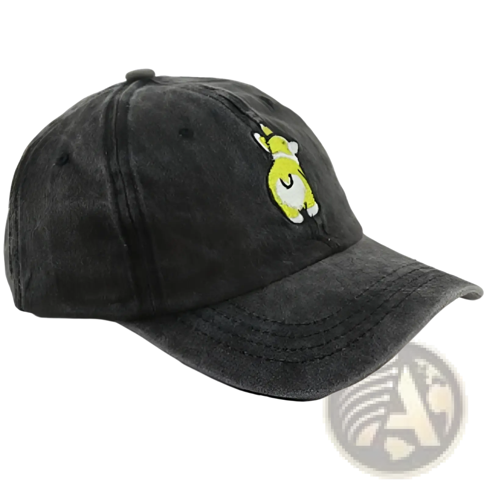 Distressed corgi denim baseball cap in dark gray cotton with a bright yellow embroidered cartoon character on front