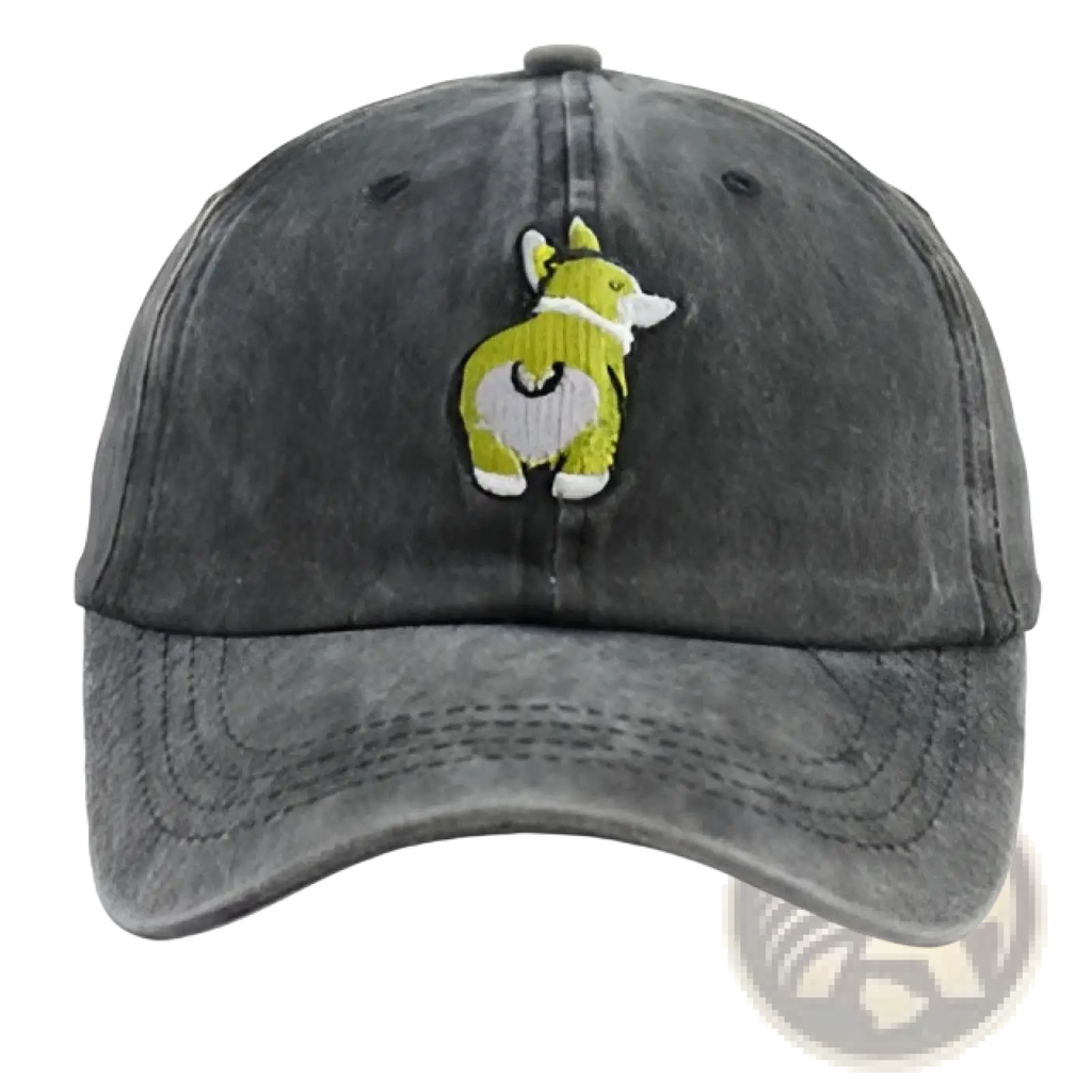 Dark gray distressed cotton baseball cap with vibrant lime green and white embroidered corgi design on the front