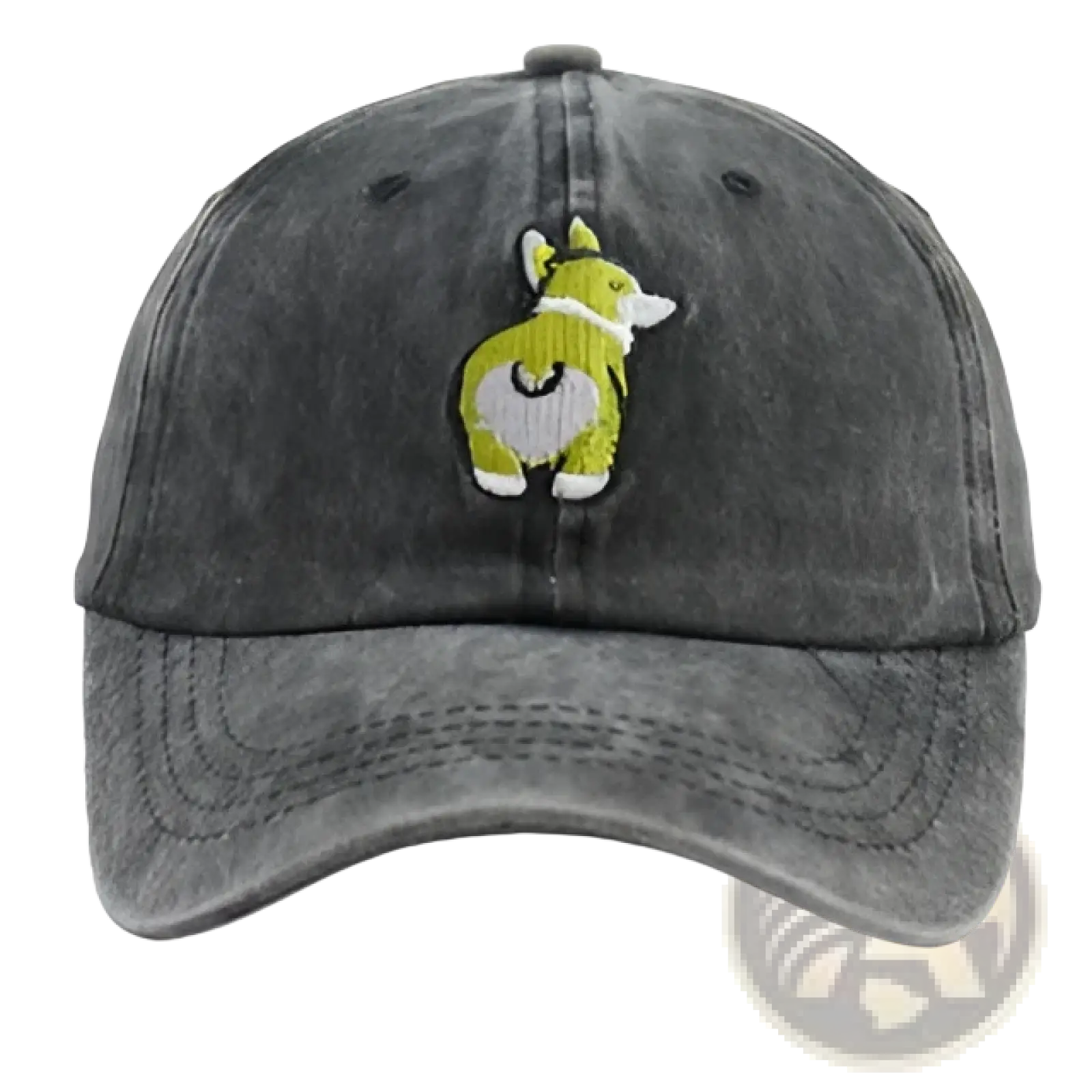 Dark gray distressed cotton baseball cap with vibrant lime green and white embroidered corgi design on the front