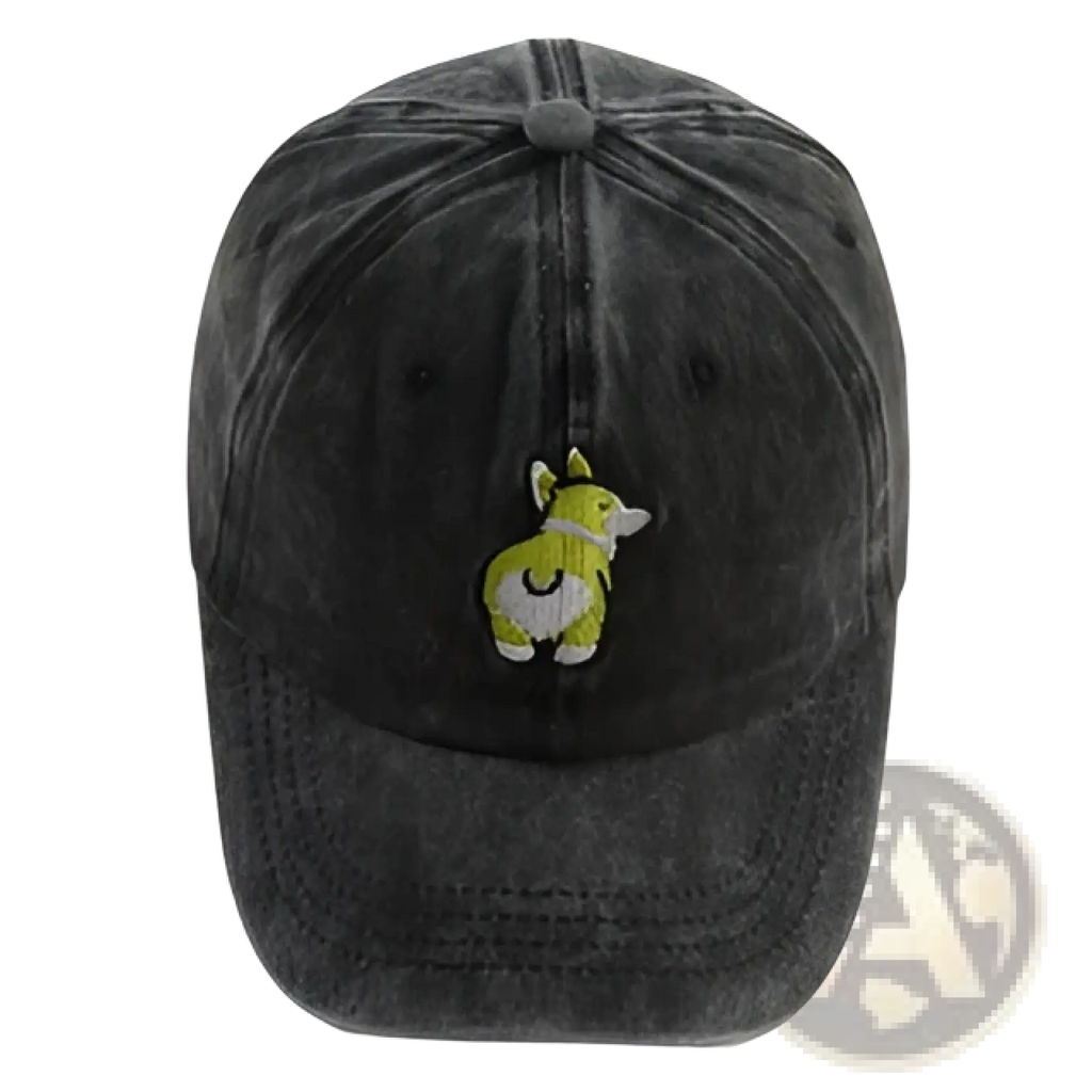 Distressed corgi denim baseball cap in dark gray cotton featuring a small embroidered green and white corgi on front
