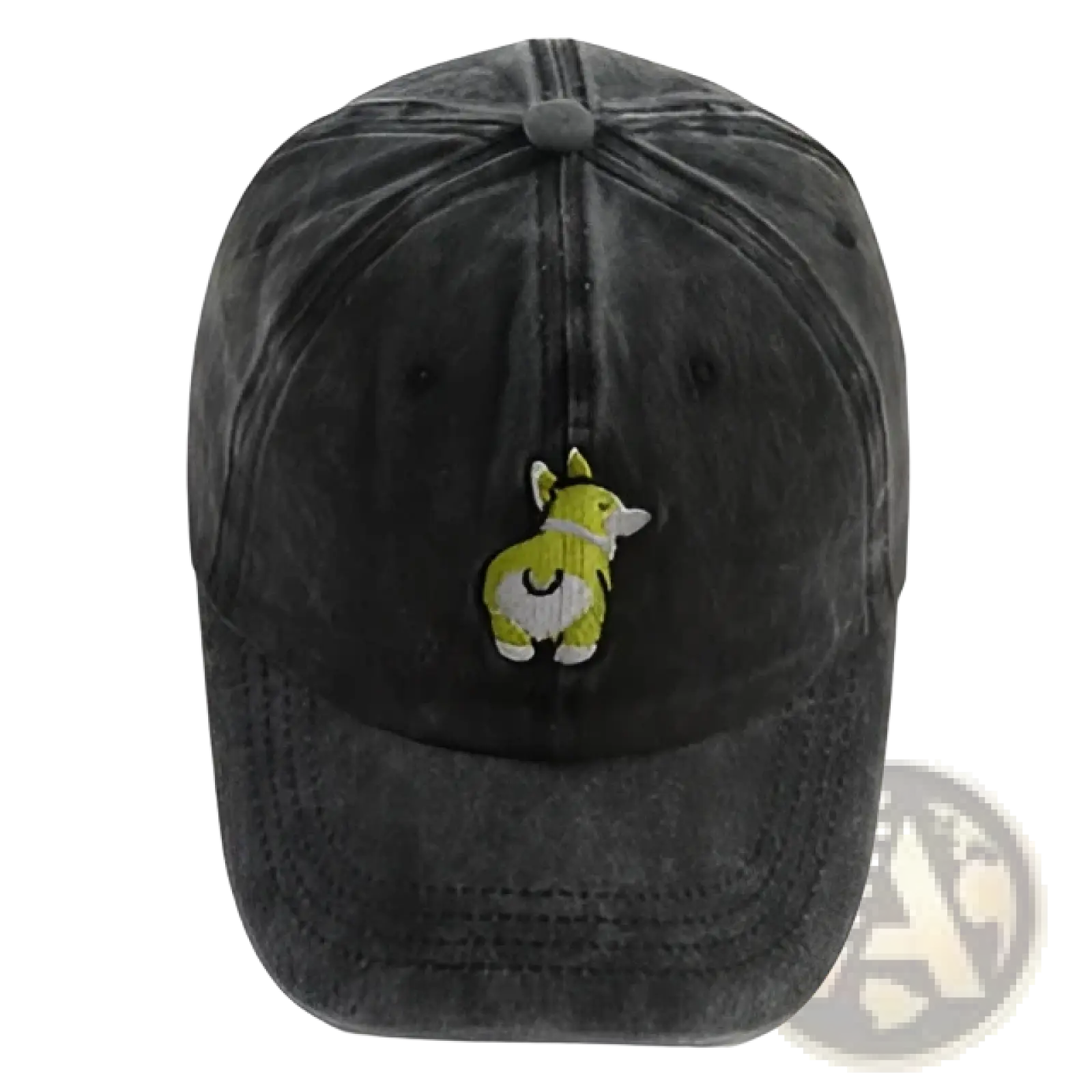Distressed corgi denim baseball cap in dark gray cotton featuring a small embroidered green and white corgi on front