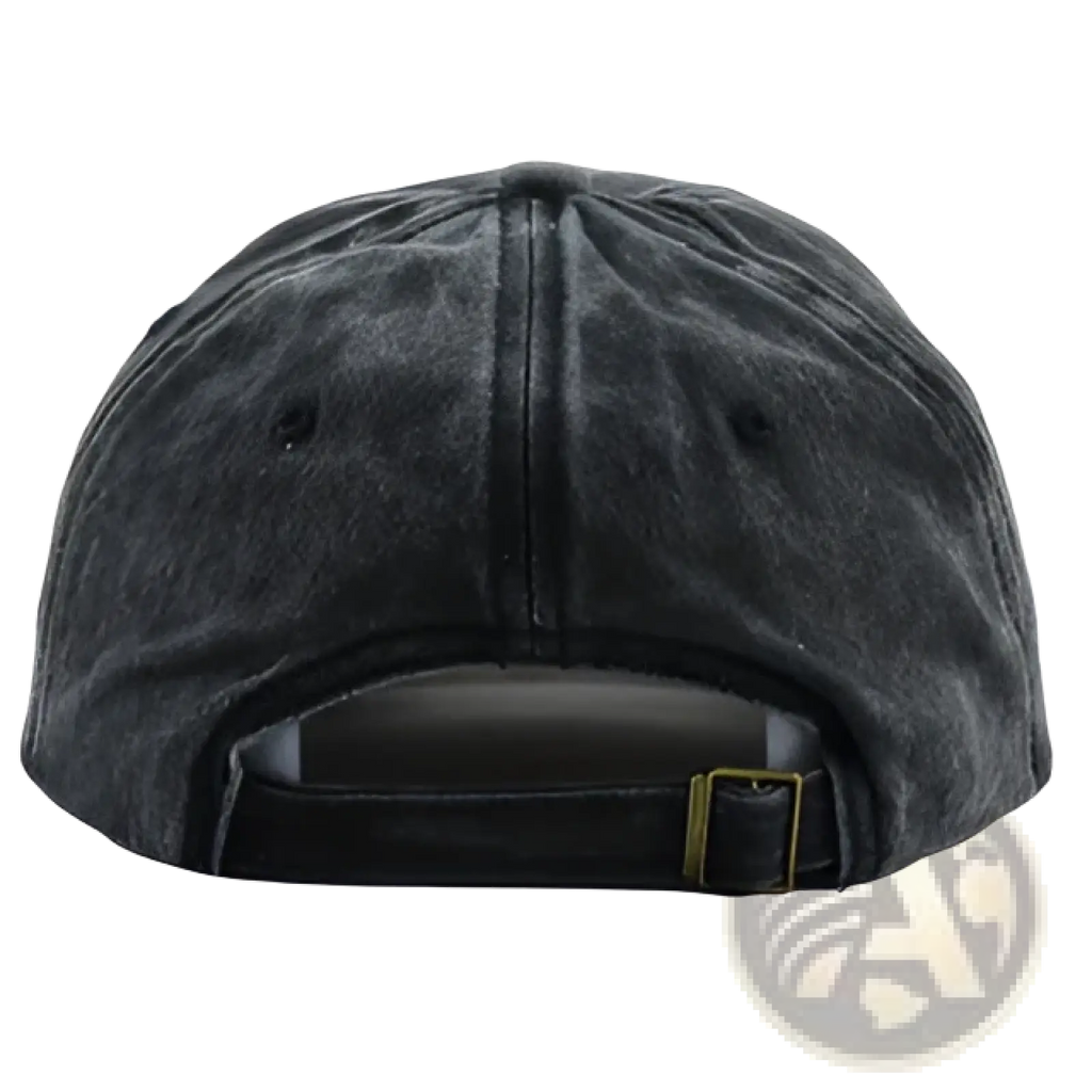 Dark gray distressed corgi denim baseball cap showing back with gold toned buckle on adjustable strap