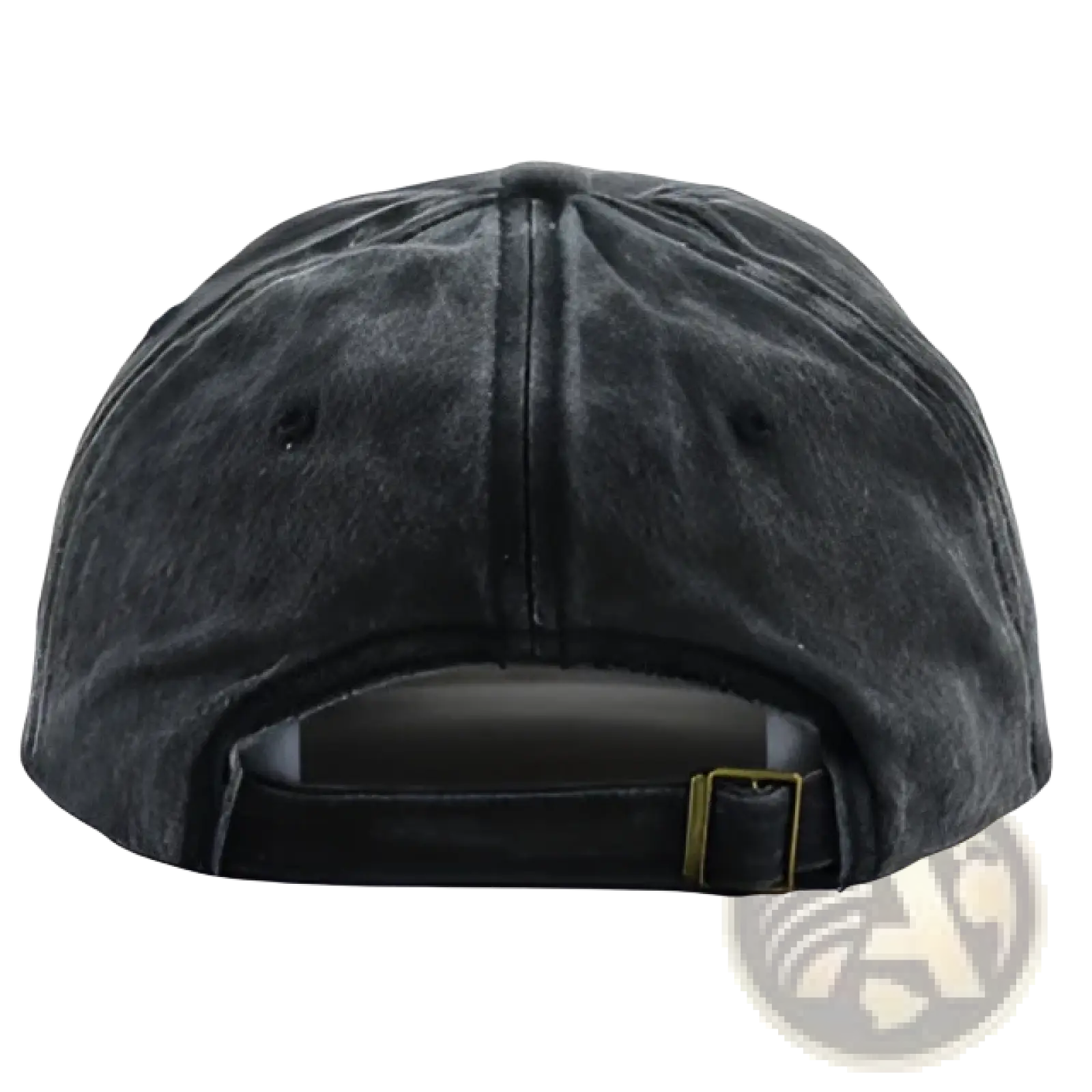 Dark gray distressed corgi denim baseball cap showing back with gold toned buckle on adjustable strap