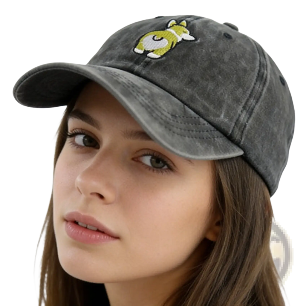 A faded gray distressed corgi denim baseball cap with an embroidered green and white corgi design