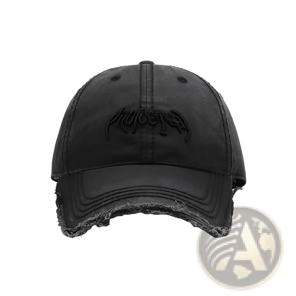 Black distressed cotton denim baseball cap with faded brown embroidered logo on front for casual wear