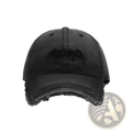 Black distressed cotton denim baseball cap with faded brown embroidered logo on front for casual wear