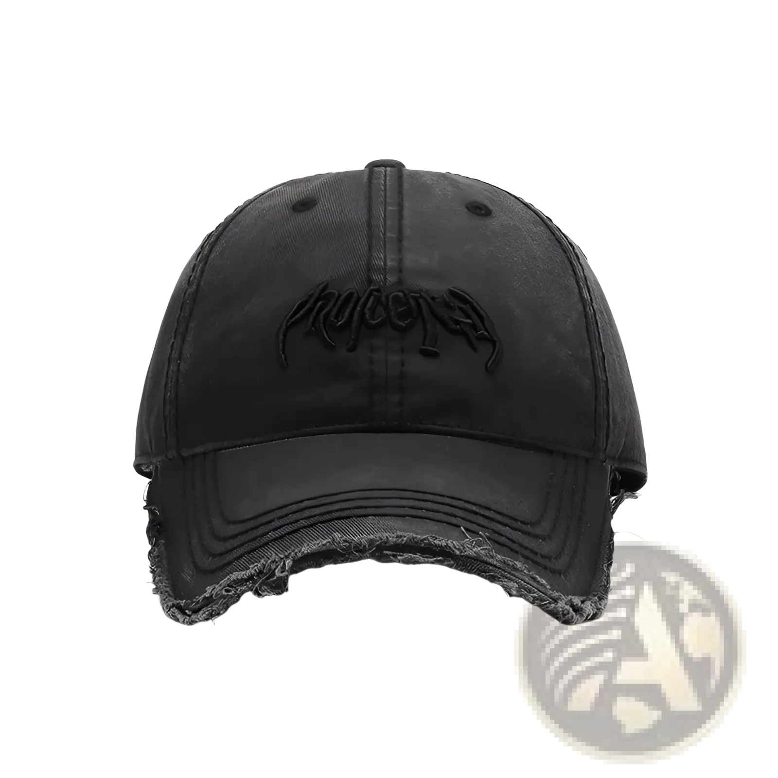 Black distressed cotton denim baseball cap with faded brown embroidered logo on front for casual wear