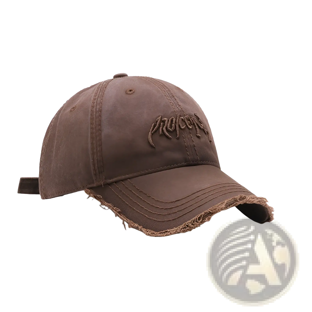 Brown distressed cotton baseball cap with frayed brim and embroidered logo for casual wear