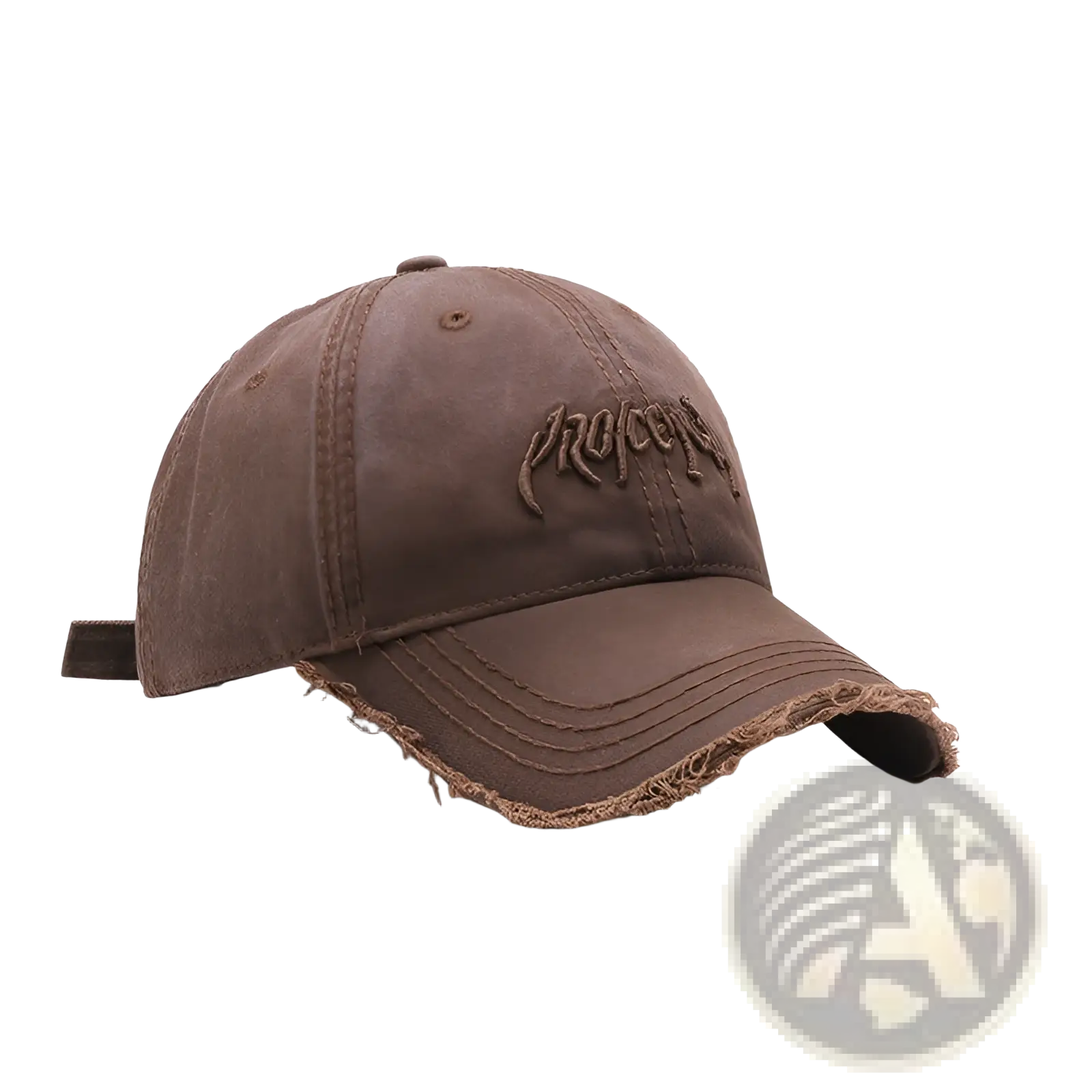 Brown distressed cotton baseball cap with frayed brim and embroidered logo for casual wear