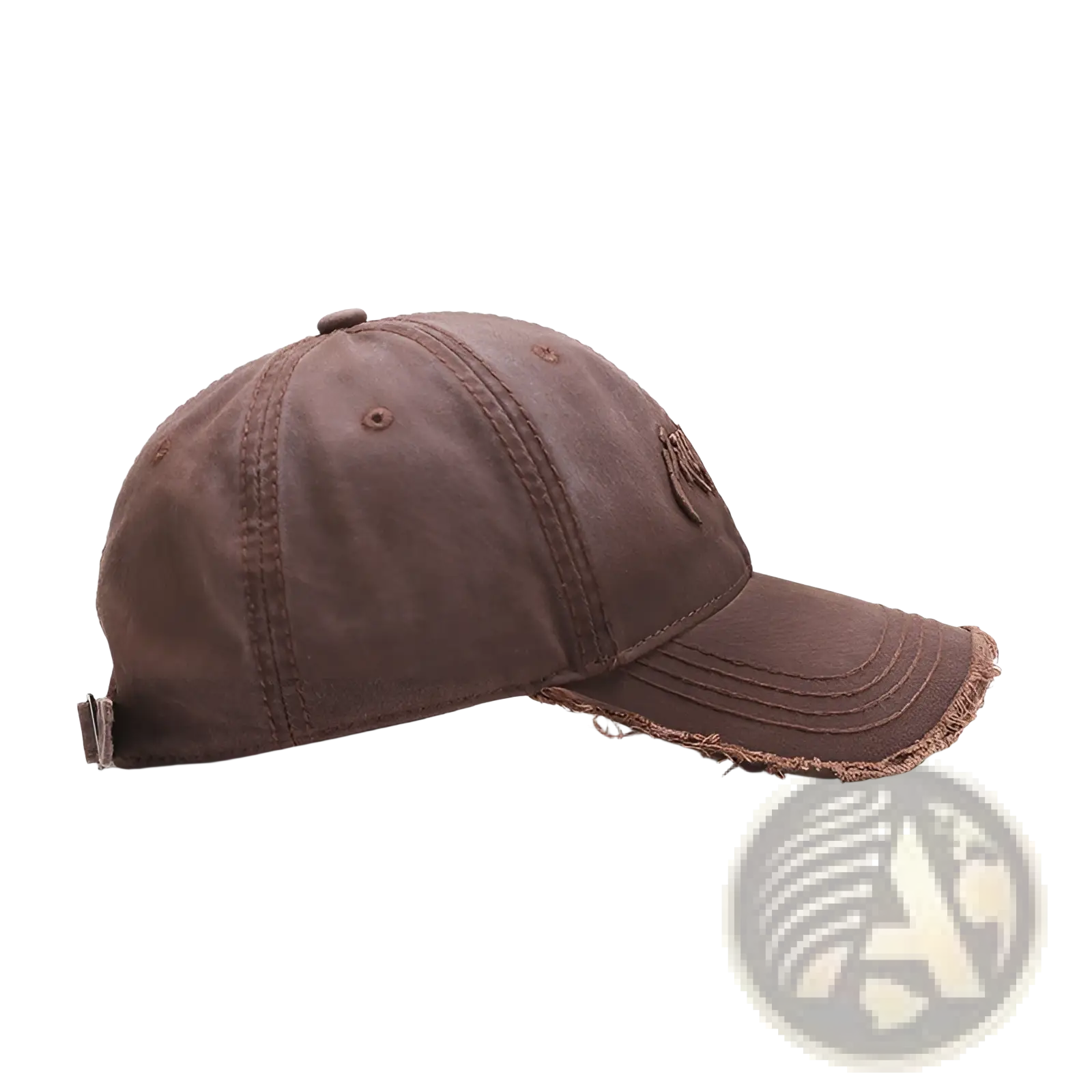 Brown distressed cotton baseball cap with frayed brim and subtle embroidered logo in front view