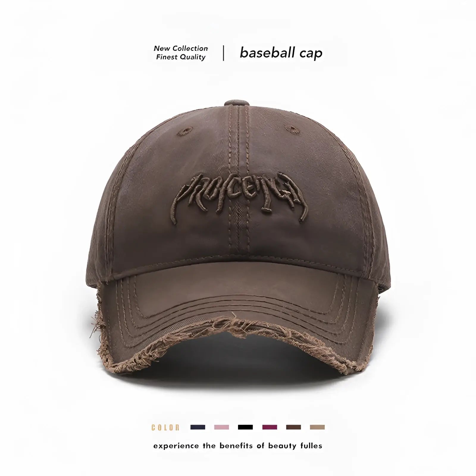 Distressed cotton brown baseball cap with a frayed brim and embroidered procect logo