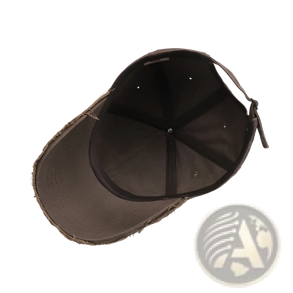 Brown distressed cotton baseball cap with frayed brim and adjustable strap embroidered logo visible